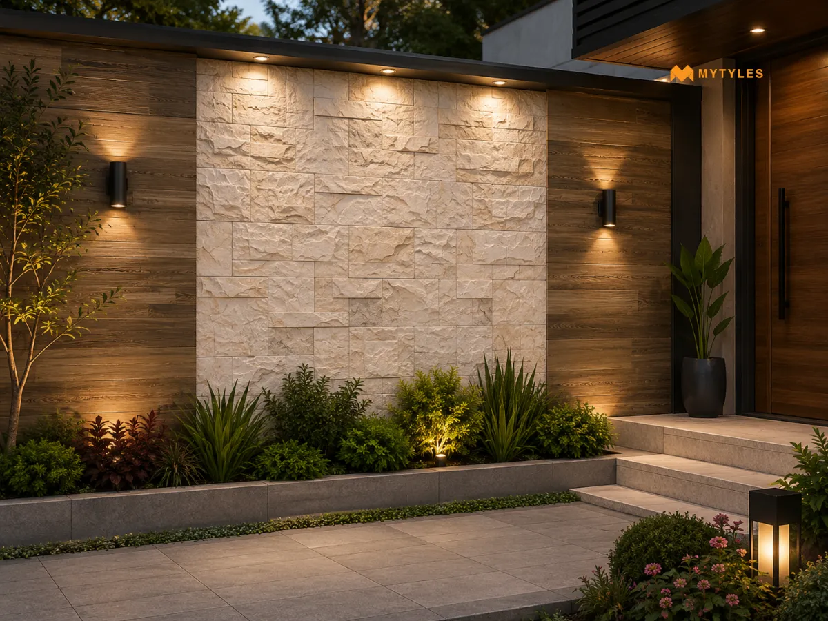 Wooden Wall Tiles And Stone Cladding in Home Entrance